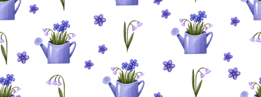 sans couture modèle avec myosotis et fleurs de lys de le vallée. une magnifique luxuriant bouquet dans une arrosage peut. main tiré illustration. adapté pour emballage papier, fond d'écran, décoration. modèle png