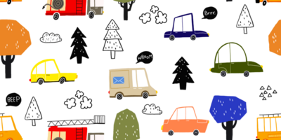 nahtlos handgemalt Muster mit Stadt Karte. endlos Hintergrund mit Autos, Lastwagen und Feuer LKW. Karikatur Muster mit Bäume, Gebüsch. Gekritzel Illustration. süß Kinder Design. Illustration Design png