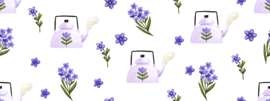 Cute spring pattern. A teapot with a floral pattern and branches of forget-me-nots. Cute botanical design on transparent background png