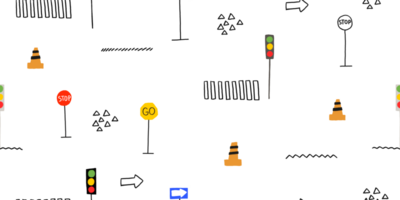 City pattern with road signs and markings. Road orange cones. Cute pattern for boys. Road design png