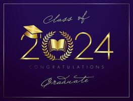 School certificate creative concept with golden and silver elements. Gold number 2024 with palm leaf, open book and graduating cap. Class of 2024 congratulations graduate. Prom banner. Reward design. vector