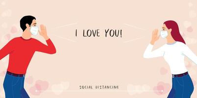 Couple standing separated from each other and shouting i love you, social distancing concept. Valentine's Day background vector