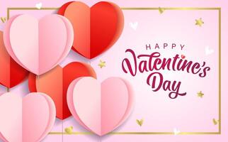 Happy Valentine's Day greeting card design with 3D paper hearts and golden frame vector