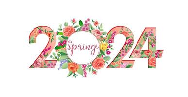Floral number 2024. Spring concept. Creative set of 2, 0 and 4 with vintage flowers and leaves. Beautiful wreath with roses. Isolated symbol with clipping mask. Sale or special offer banner. Web icon. vector