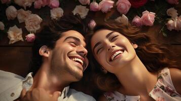 AI generated Top view of happy young couple looking at each other and smiling while lying on wooden floor surrounded by roses photo