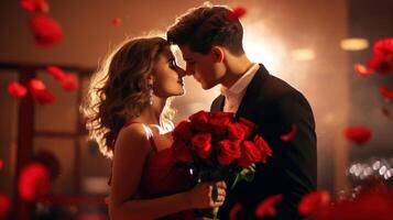 AI generated Happy young couple celebrating Valentine's Day in a large room. red background With a large bouquet of red flowers photo