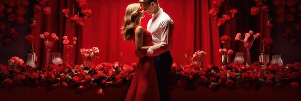 ai generado contento joven Pareja celebrando San Valentín día en un grande habitación. rojo antecedentes con un grande ramo de flores de rojo flores foto