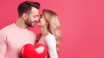 AI generated Woman kisses happy and smiling man Pink background with heart shape Valentine's Day. Emotions. Lifestyle. photo