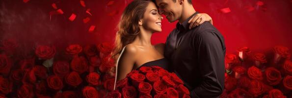 ai generado contento joven Pareja celebrando San Valentín día en un grande habitación. rojo antecedentes con un grande ramo de flores de rojo flores foto