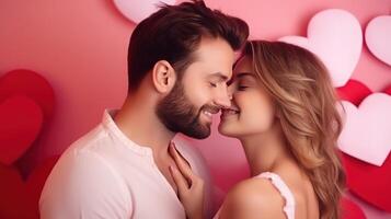 AI generated Woman kisses happy and smiling man Pink background with heart shape Valentine's Day. Emotions. Lifestyle. photo