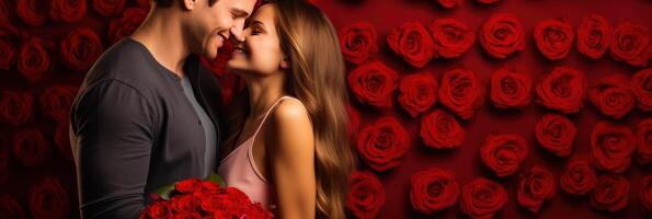 ai generado contento joven Pareja celebrando San Valentín día en un grande habitación. rojo antecedentes con un grande ramo de flores de rojo flores foto