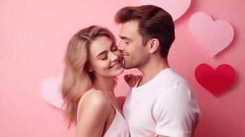 AI generated Woman kisses happy and smiling man Pink background with heart shape Valentine's Day. Emotions. Lifestyle. photo