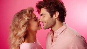 AI generated Woman kisses happy and smiling man Pink background with heart shape Valentine's Day. Emotions. Lifestyle. photo