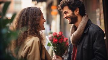 ai generado sonriente hombre da flores a mujer en San Valentín día foto