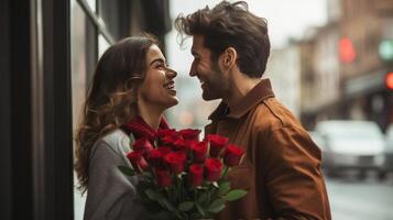 ai generado sonriente hombre da flores a mujer en San Valentín día foto