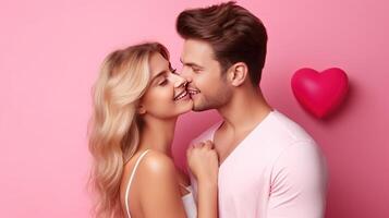 AI generated Woman kisses happy and smiling man Pink background with heart shape Valentine's Day. Emotions. Lifestyle. photo