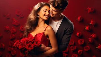 ai generado contento joven Pareja celebrando San Valentín día en un grande habitación. rojo antecedentes con un grande ramo de flores de rojo flores foto