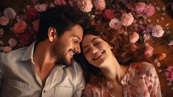 AI generated Top view of happy young couple looking at each other and smiling while lying on wooden floor surrounded by roses photo