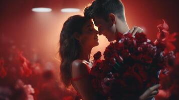 ai generado contento joven Pareja celebrando San Valentín día en un grande habitación. rojo antecedentes con un grande ramo de flores de rojo flores foto