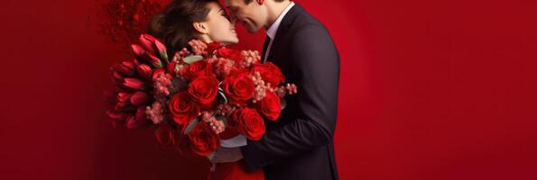 ai generado contento joven Pareja celebrando San Valentín día en un grande habitación. rojo antecedentes con un grande ramo de flores de rojo flores foto