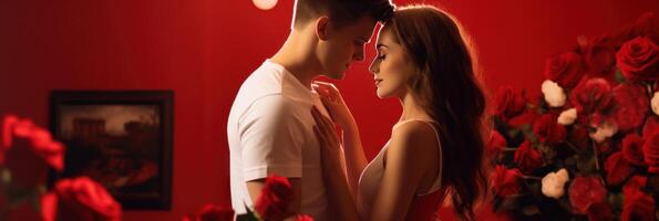 ai generado contento joven Pareja celebrando San Valentín día en un grande habitación. rojo antecedentes con un grande ramo de flores de rojo flores foto