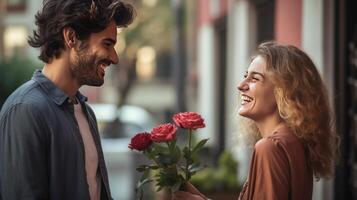 ai generado sonriente hombre da flores a mujer en San Valentín día foto