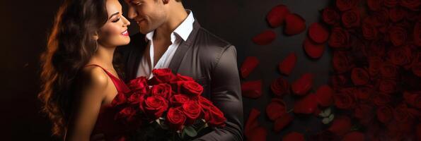 ai generado contento joven Pareja celebrando San Valentín día en un grande habitación. rojo antecedentes con un grande ramo de flores de rojo flores foto