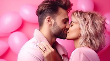 AI generated Woman kisses happy and smiling man Pink background with heart shape Valentine's Day. Emotions. Lifestyle. photo