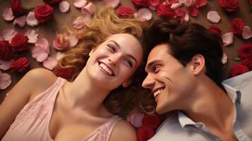 AI generated Top view of happy young couple looking at each other and smiling while lying on wooden floor surrounded by roses photo