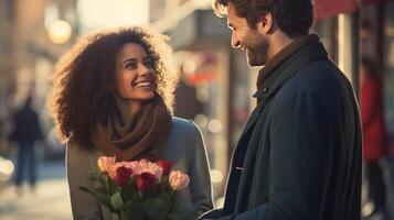 ai generado sonriente hombre da flores a mujer en San Valentín día foto