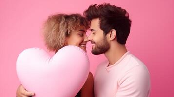 AI generated Woman kisses happy and smiling man Pink background with heart shape Valentine's Day. Emotions. Lifestyle. photo