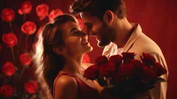 ai generado contento joven Pareja celebrando San Valentín día en un grande habitación. rojo antecedentes con un grande ramo de flores de rojo flores foto
