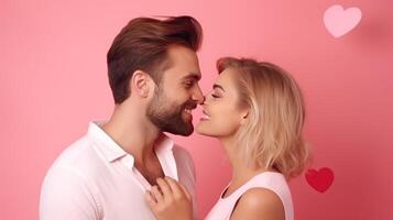 AI generated Woman kisses happy and smiling man Pink background with heart shape Valentine's Day. Emotions. Lifestyle. photo