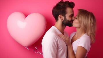 AI generated Woman kisses happy and smiling man Pink background with heart shape Valentine's Day. Emotions. Lifestyle. photo