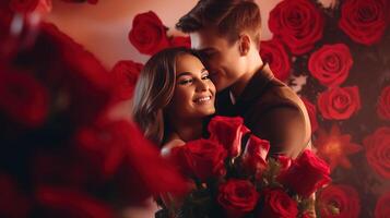 ai generado contento joven Pareja celebrando San Valentín día en un grande habitación. rojo antecedentes con un grande ramo de flores de rojo flores foto