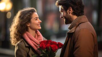 ai generado sonriente hombre da flores a mujer en San Valentín día foto