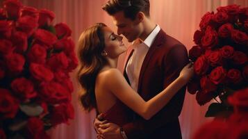 ai generado contento joven Pareja celebrando San Valentín día en un grande habitación. rojo antecedentes con un grande ramo de flores de rojo flores foto