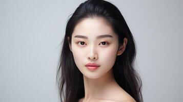 AI generated Beautiful Asian girl with clean, fresh skin on white background. Facial care photo
