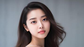 AI generated Beautiful Asian girl with clean, fresh skin on white background. Facial care photo