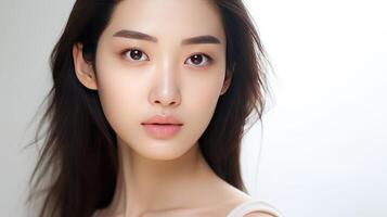 AI generated Beautiful Asian girl with clean, fresh skin on white background. Facial care photo