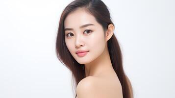 AI generated Beautiful Asian girl with clean, fresh skin on white background. Facial care photo