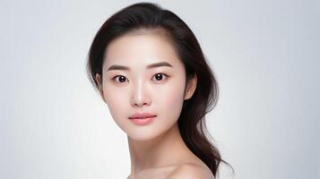 ai generado hermosa asiático niña con limpio, Fresco piel en blanco antecedentes. facial cuidado foto
