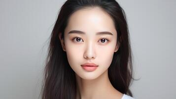 AI generated Beautiful Asian girl with clean, fresh skin on white background. Facial care photo