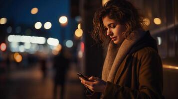 ai generado de cerca de mujer utilizando móvil teléfono a noche a noche foto