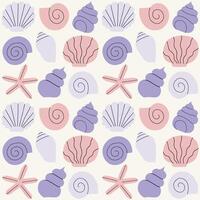 Cute and simple vector pattern with different Sea Shells in a row. Hand drawn seamless texture with exotic ocean shells. Beautiful marine background