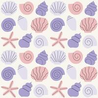 Cute and simple vector pattern with different Sea Shells in a row. Hand drawn seamless texture with exotic ocean shells. Beautiful marine background