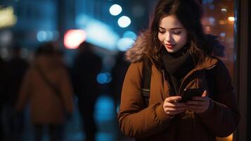 AI generated Close-up of woman using mobile phone at night at night photo