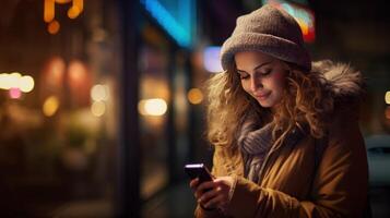 ai generado de cerca de mujer utilizando móvil teléfono a noche a noche foto