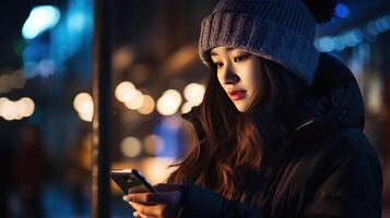 ai generado de cerca de mujer utilizando móvil teléfono a noche a noche foto