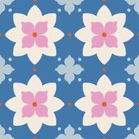 Elegant modern seamless pattern with geometric floral tiles. Vector abstract texture in traditional ceramic tile style. Symmetrical background with flowers and dots